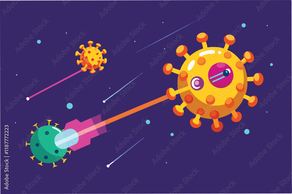 Naklejka premium Flat design animation of floating hmpv and covid virus particles being zapped by lasers, fun and creative vector style hmpv and covid virus Clipart Vector