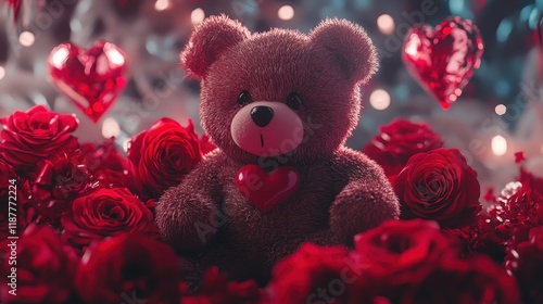 Adorable Teddy Bear Amidst Red Roses and Hearts for Valentine's Day