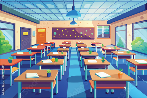 Empty school classroom with desks spaced apart for social distancing, realistic lighting, detailed textures hmpv and covid virus Clipart Vector