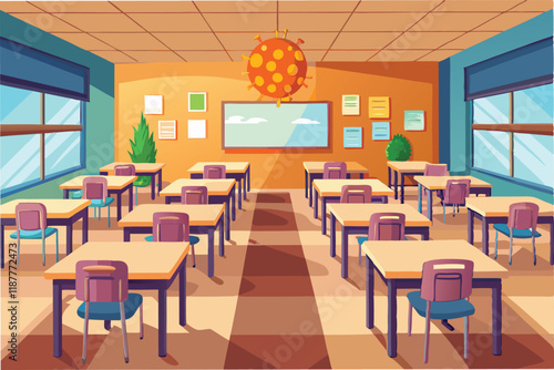 Empty school classroom with desks spaced apart for social distancing, realistic lighting, detailed textures hmpv and covid virus Clipart Vector