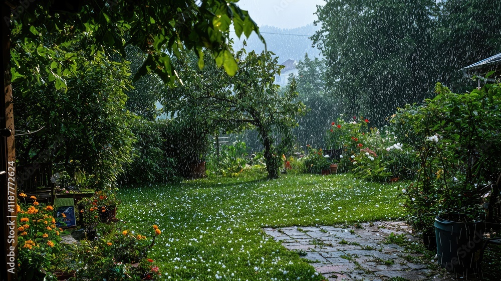 Obraz premium Rainy Garden Scene with Vibrant Flowers and Lush Greenery