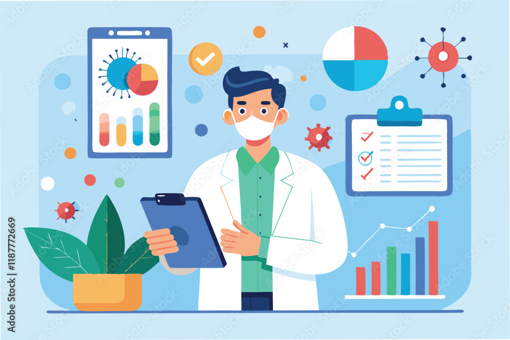 Doctor with digital clipboard showing animated medical data, graphs, and hmpv and covid virus statistics hmpv and covid virus Clipart Vector Doctor with digital clipboard showing animated medical data, graphs, and hmpv and covid virus statistics hmpv and covid virus Clipart Vector