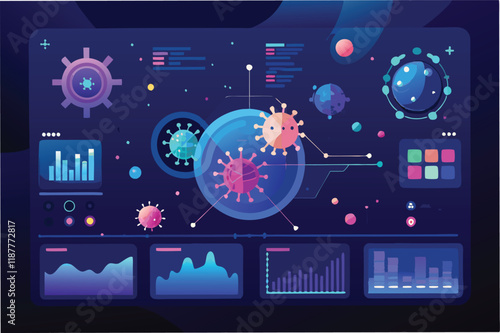 Digital dashboard style background with floating hmpv and covid virus particles and health datpoints, futuristic and clean hmpv and covid virus Clipart Vector