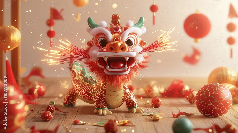 Chinese New Year postcard with a cartoon dragon blowing firecrackers, surrounded by cheerful New Year decorations. Chinese New Year postcard with a cartoon dragon blowing firecrackers, surrounded by cheerful New Year decorations.