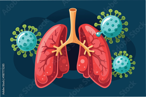Close up view of human lung infected by hmpv and covid virus, medical illustration style, 3D realistic hmpv and covid virus Clipart Vector