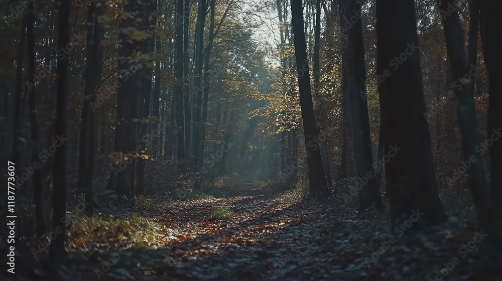Sunlit path through autumnal forest with hazy atmosphere. Sunlit path through autumnal forest with hazy atmosphere.