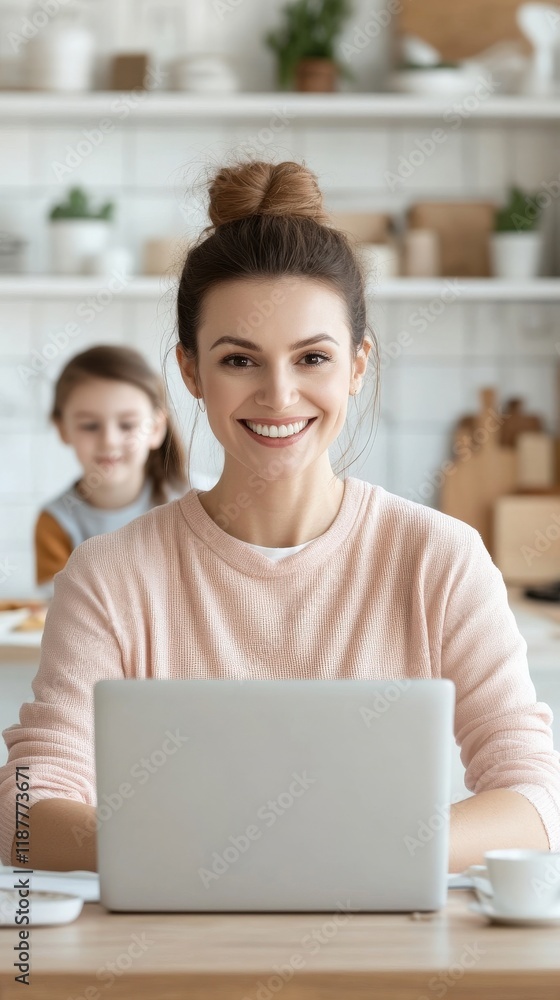 Cheerful Young Woman Working on Laptop at Home with Child in the Background, Modern Kitchen Setting with Wooden Decor and Green Plants Cheerful Young Woman Working on Laptop at Home with Child in the Background, Modern Kitchen Setting with Wooden Decor and Green Plants