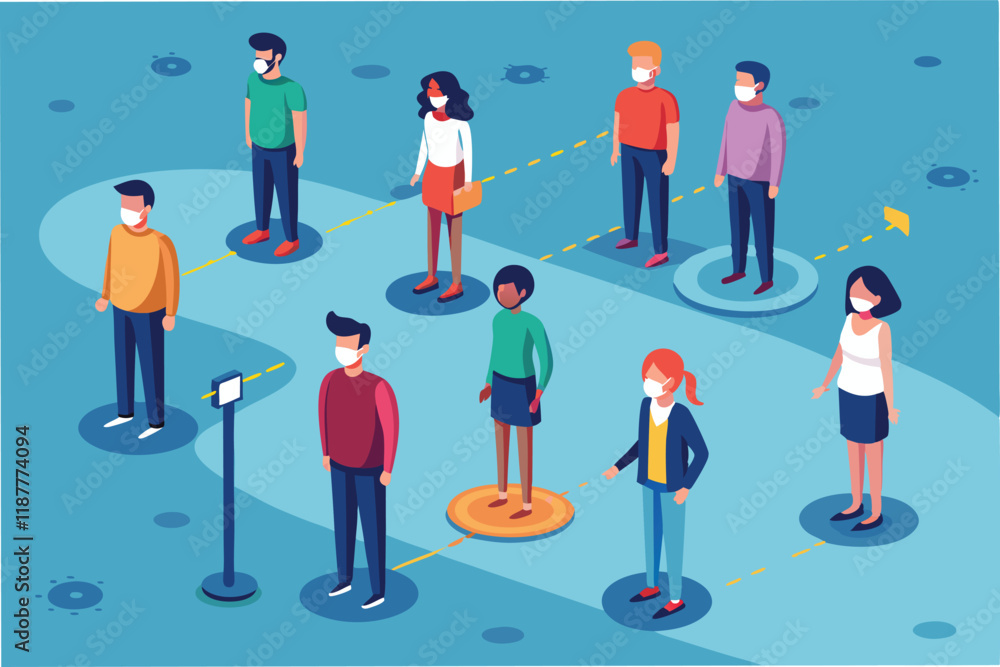 Animated queue of people standing 6 feet apart with social distancing markers on the ground hmpv and covid virus Clipart Vector Animated queue of people standing 6 feet apart with social distancing markers on the ground hmpv and covid virus Clipart Vector