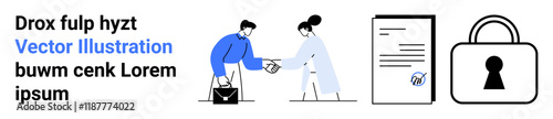 Businesspeople shaking hands, document with checkmark, padlock symbolizing security. Ideal for business agreements, partnership, document signing, security, privacy policies, trust legal contracts