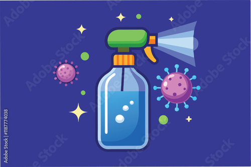 Animated sanitizer bottle spraying liquid, with glowing hmpv and covid virus particles disappearing on contact, clean and minimalistic hmpv and covid virus Clipart Vector
