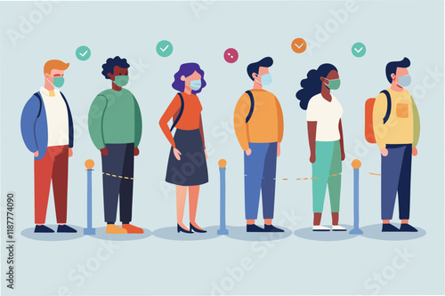 Animated queue of people standing 6 feet apart with social distancing markers on the ground hmpv and covid virus Clipart Vector