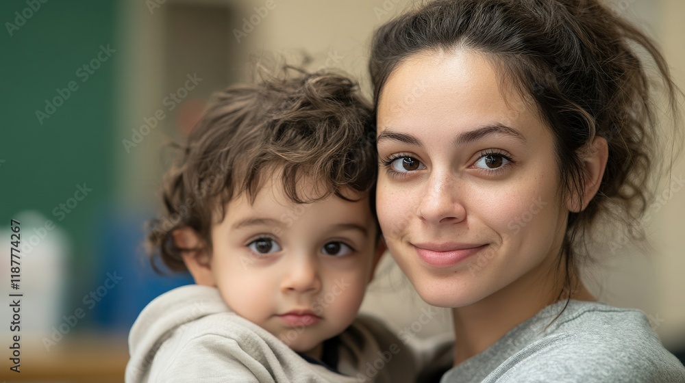 Mother and Child Portrait with Joyful Expressions in a Warm Indoor Setting, Emphasizing Bond and Connection in Family Life Mother and Child Portrait with Joyful Expressions in a Warm Indoor Setting, Emphasizing Bond and Connection in Family Life