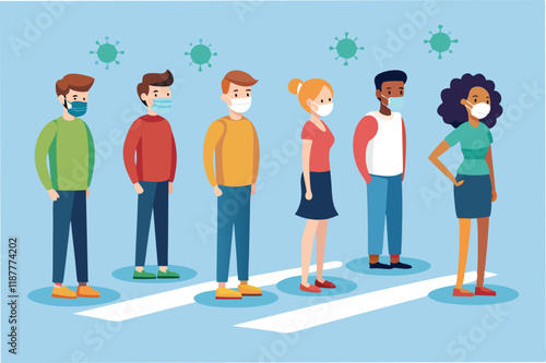 Animated queue of people standing 6 feet apart with social distancing markers on the ground hmpv and covid virus Clipart Vector