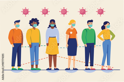 Animated queue of people standing 6 feet apart with social distancing markers on the ground hmpv and covid virus Clipart Vector