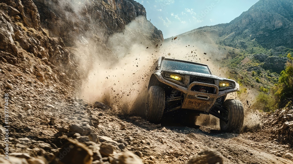 Obraz premium Rugged Off-Road Vehicle Driving on Dusty Mountain Trail Adventure