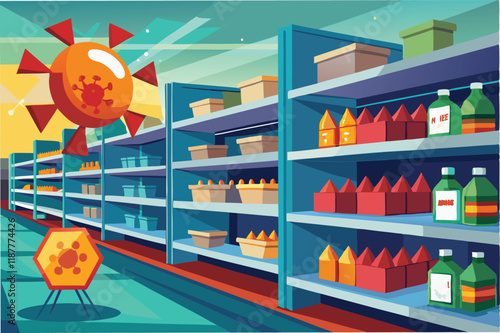 Animated icon of empty shelves in supermarket with text appearing, showing pandemic panic buying hmpv and covid virus Clipart Vector