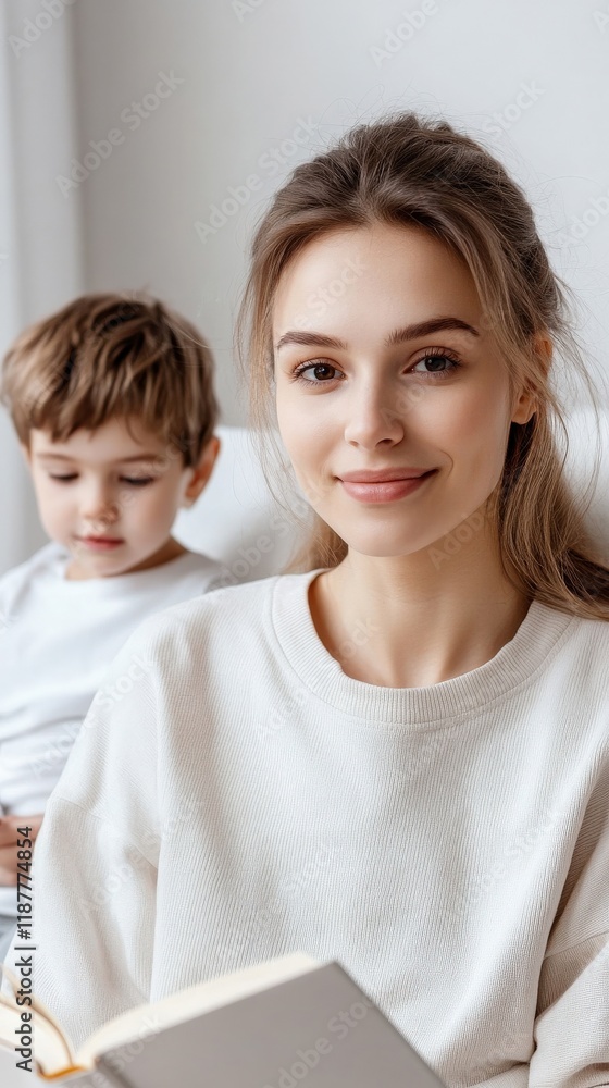Warm and Cozy Moment of a Young Mother Reading with Her Child in a Bright Minimalist Room, Emphasizing Bonding and Learning Together Warm and Cozy Moment of a Young Mother Reading with Her Child in a Bright Minimalist Room, Emphasizing Bonding and Learning Together