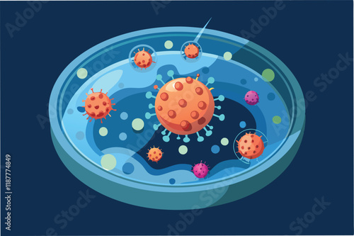 Abstract rendering of petri dish view with growing hmpv and covid virus cells, ultra realistic with glowing effects hmpv and covid virus Clipart Vector