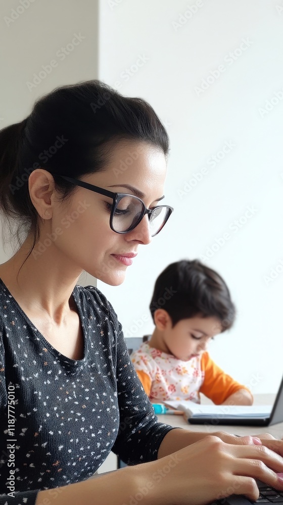 Focused Mother Working on Laptop at Home While Child Engages in Learning Activities in the Background, Creating a Productive Environment for Family Growth Focused Mother Working on Laptop at Home While Child Engages in Learning Activities in the Background, Creating a Productive Environment for Family Growth