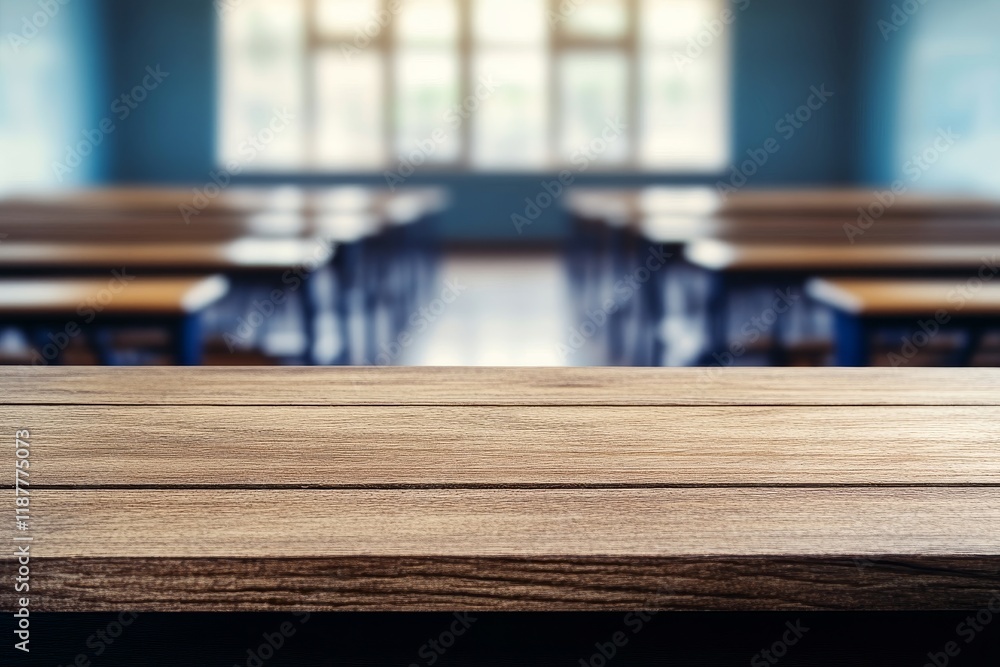 Wooden desk, empty classroom, background blurred, education Wooden desk, empty classroom, background blurred, education
