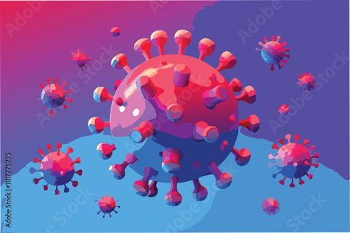 Abstract 3D design of hmpv and covid virus mutation, floating particles in neon lit environment hmpv and covid virus Clipart Vector