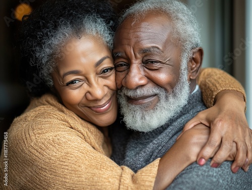 Casal de idosos negros se abraçando com ternura e amor, transmitindo carinho, cumplicidade e felicidade em um momento especial no Dia dos Namorados