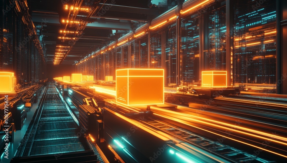 Fototapeta premium Futuristic automated warehouse with glowing orange boxes on conveyor belt.