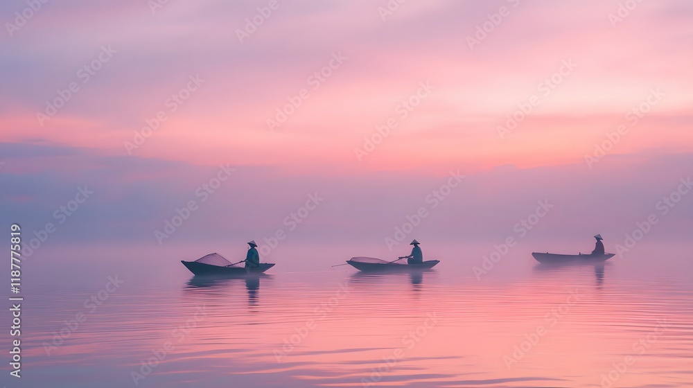 Naklejka premium Fishermen in Boats at Sunrise on Calm Waters