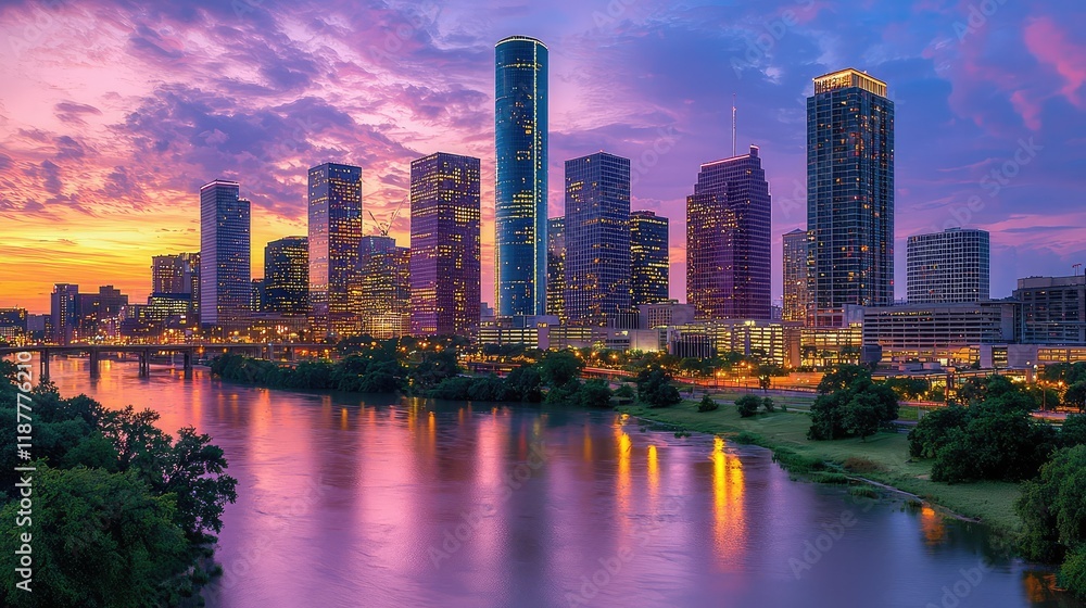 Obraz premium Vibrant Sunset Over Houston Skyline with Reflections in Water