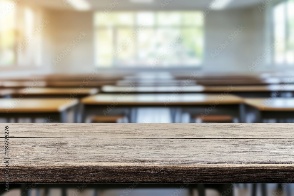 Wooden table in blurred classroom, sunny day, education Wooden table in blurred classroom, sunny day, education