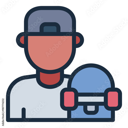 Skater avatar filled line icon representing a visual profile of a skateboarder