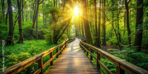 Serene Wooden Walkway Through a Lush Green Forest with Sunlight Streaming Through Trees