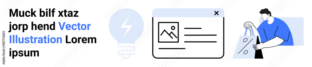 Person holding shopping bags, digital window displaying an image, text in various styles, light bulb icon. Ideal for e-commerce, online shopping, web design, content creation, marketing digital Person holding shopping bags, digital window displaying an image, text in various styles, light bulb icon. Ideal for e-commerce, online shopping, web design, content creation, marketing digital