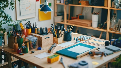 Wallpaper Mural Creative Workspace with Art Supplies and Tools for Crafting Torontodigital.ca