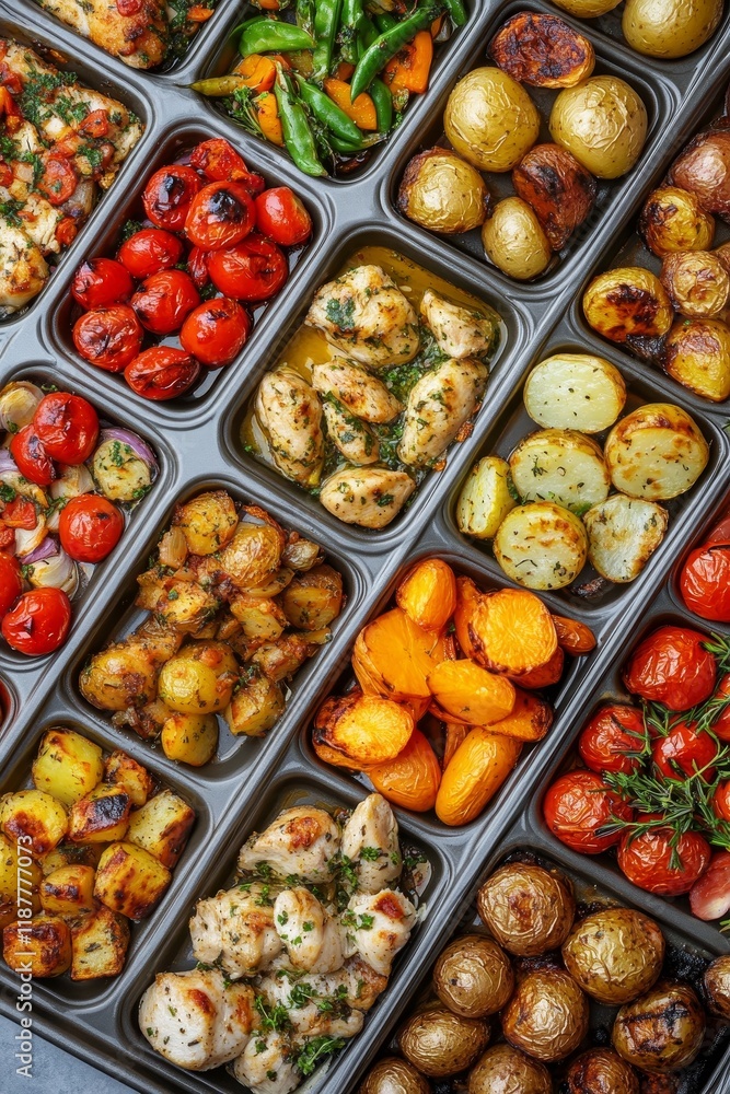 Assorted roasted vegetables and chicken in a meal prep tray. Assorted roasted vegetables and chicken in a meal prep tray.