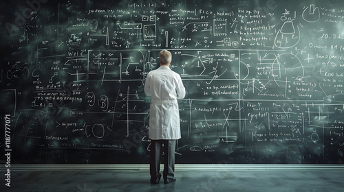 a scientist writes a formula on the blackboard