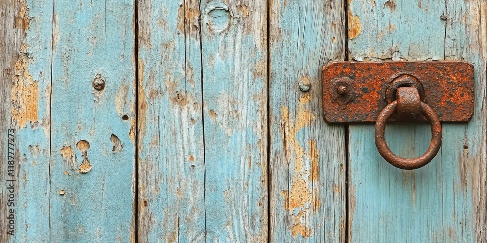 Rusty ring on weathered blue door. Old wood texture background. Design Rusty ring on weathered blue door. Old wood texture background. Design
