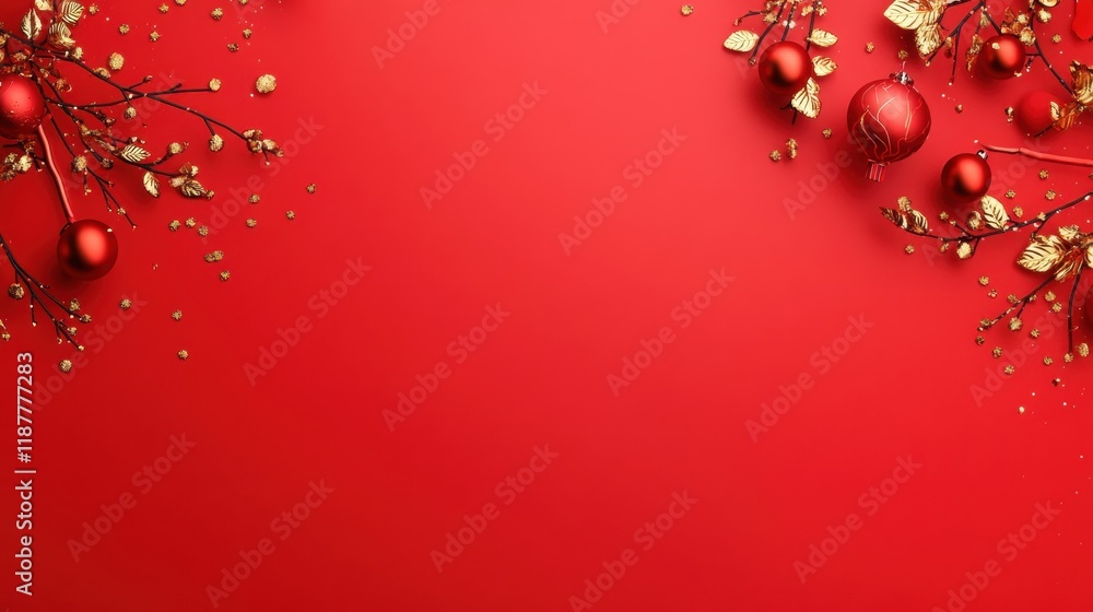 Fototapeta premium Festive Red and Gold Christmas Decorations on Red Background
