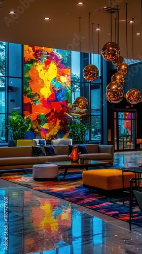 Colorful Contemporary Lobby with Art and Modern Lighting Design