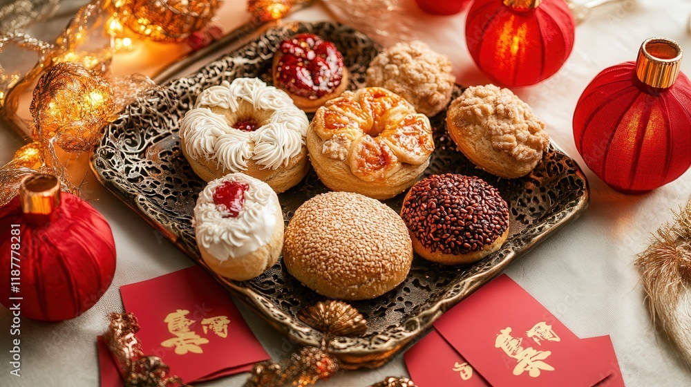 Chinese New Year pastries like sweet buns, sesame treats, and almond cookies, displayed on a festive tray with red envelopes and lanterns. Chinese New Year pastries like sweet buns, sesame treats, and almond cookies, displayed on a festive tray with red envelopes and lanterns.