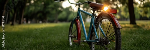 This cheerful image features a vintage bicycle set against a sunny park backdrop, symbolizing freedom, joy, and the uncomplicated pleasure of outdoor adventures. photo