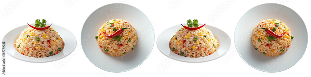 Four bowls of food with a spicy pepper on top Four bowls of food with a spicy pepper on top