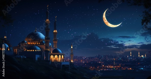 Nighttime Mosque under Crescent Moon: A Serene Islamic Nightscape photo