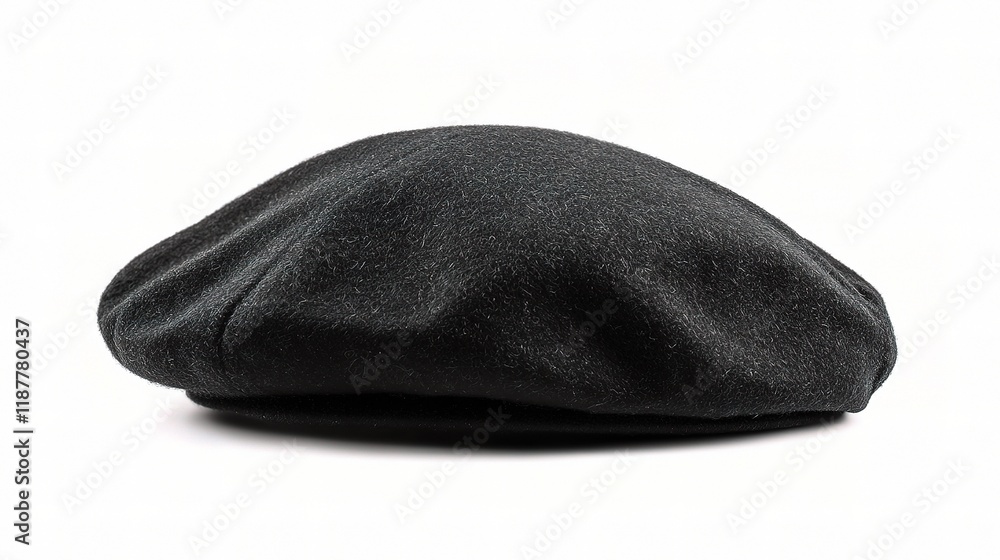 Black French Beret Cap Isolated on White Background Side View Black French Beret Cap Isolated on White Background Side View