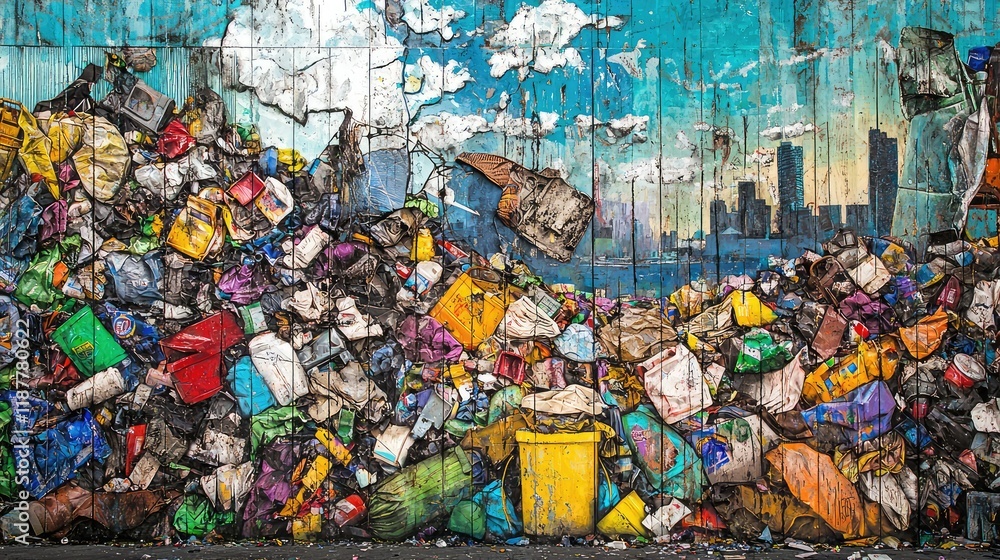 Fototapeta premium Urban Wall Art Depicting Recycled Trash Against Vibrant Skyline