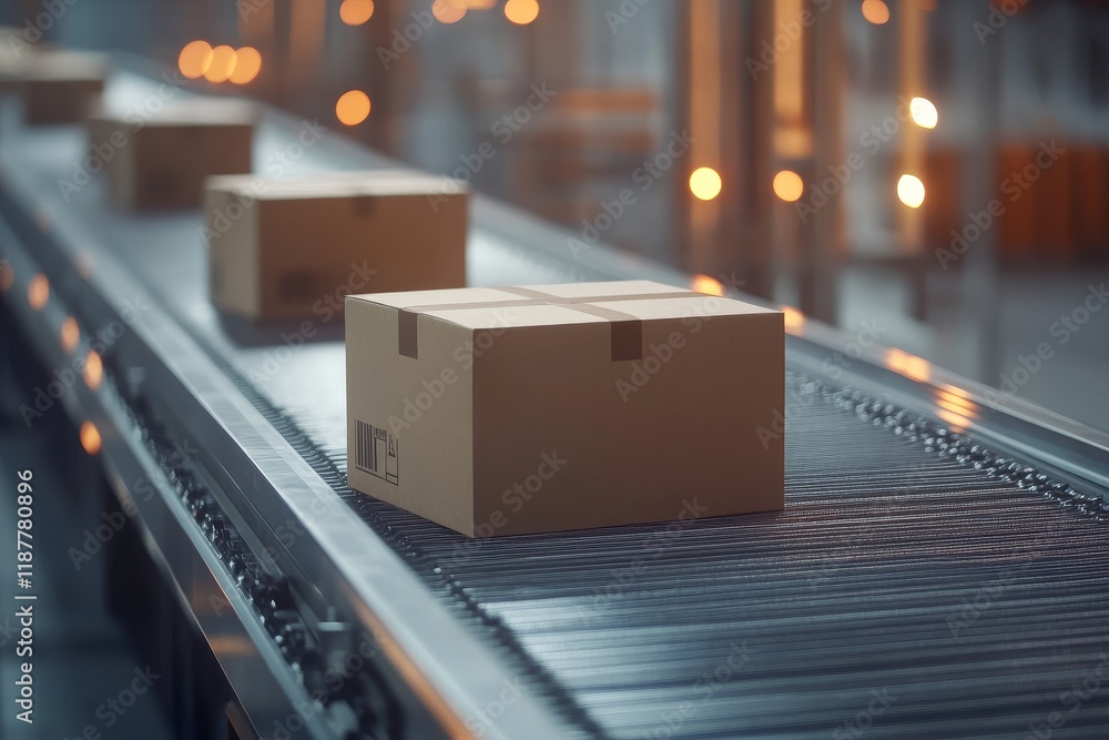 Cardboard boxes moving on conveyor belt in warehouse. (1) Cardboard boxes moving on conveyor belt in warehouse. (1)