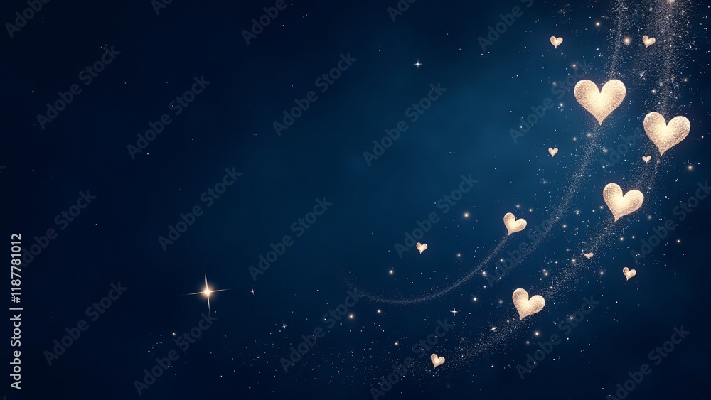 Naklejka premium Shooting heart-shaped stars with stardust trails on a navy blue background. A magical and celestial Valentine’s Day pattern.
