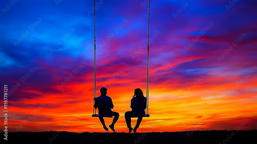 A couple sitting on a swing set, silhouetted against a colorful sunset sky A couple sitting on a swing set, silhouetted against a colorful sunset sky