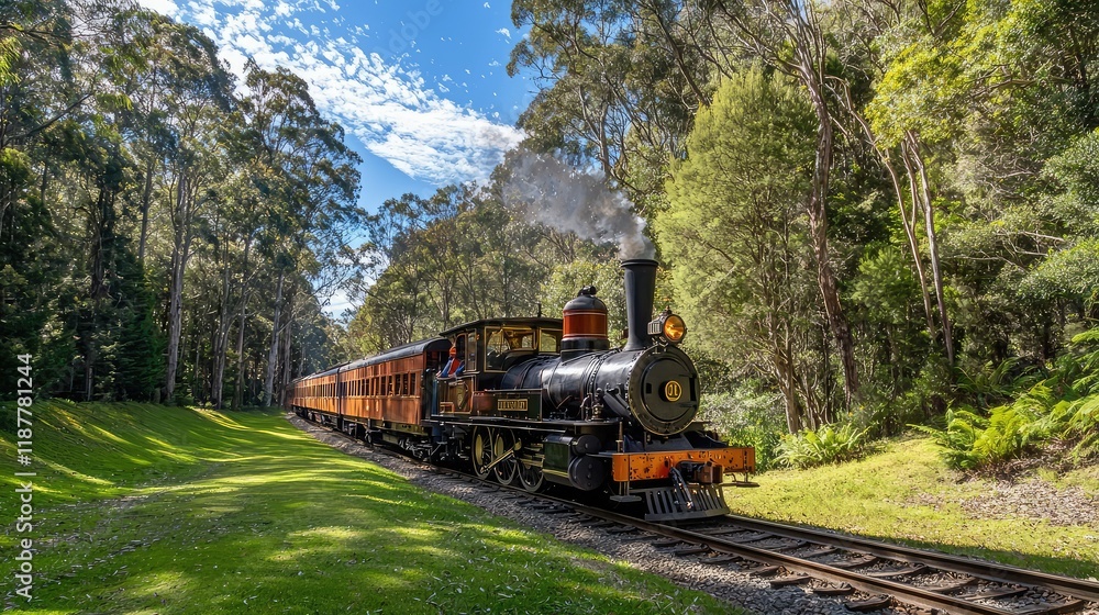 Fototapeta premium Vintage Steam Train Traveling Through Lush Green Forest Landscape