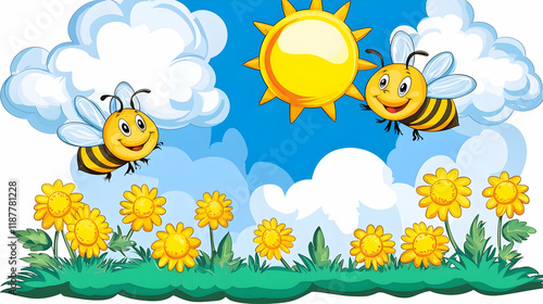 Happy bees flying sunny meadow, flowers, clouds, child's illustration, educational use